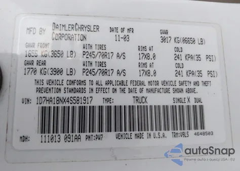 2004 Dodge Ram 1500 Slt/Laramie z USA, uszkodzony, nr VIN 1D7HA18NX4S581917